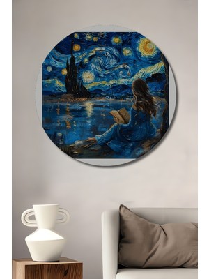 Teona Ahşap Yıldızlı Gece Temalı Sulu Boya Görünümlü Ahşap Dekoratif Tablo Yuvarlak Duvar Tablosu