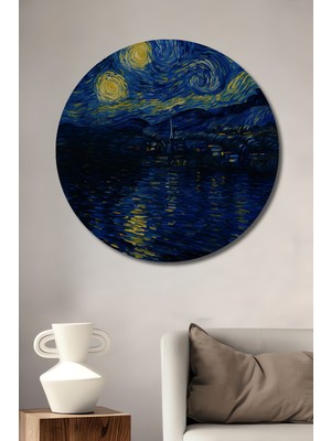 Teona Ahşap Yıldızlı Gece Yağlı Boya Görünümlü Ahşap Dekoratif Tablo Yuvarlak Duvar Tablosu