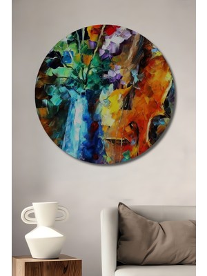 Teona Ahşap Büyülü Keman ve Çiçekler Yağlı Boya Görünümlü Ahşap Dekoratif Tablo Yuvarlak Duvar Tablosu