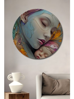 Teona Ahşap Anne Bebek Rüyası Yağlı Boya Görünümlü Modern Sanat Dekoratif Ahşap Tablo Yuvarlak Duvar Tablosu