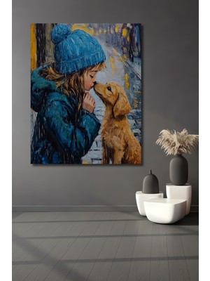 Teona Ahşap Yağlı Boya Görünümlü Kız ve Köpek Sevgisi Ahşap Dekoratif Ev,antre,salon,ofis,mutfak Tablo