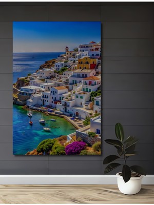 Teona Ahşap Beyaz Evler ve Turkuaz Deniz Yağlı Boya Görünümlü Dekoratif Ahşap Ev,antre,salon,ofis,mutfak Tablo