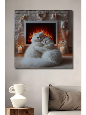 Teona Ahşap Sımsıcak Sevgi Kucaklaşması Iki Beyaz Kedi Yağlı Boya Görünümlü Ahşap Dekoratif Tablo