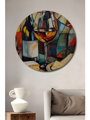 Teona Ahşap Şarap ve Peynir Ziyafeti Yağlı Boya Görünümlü Ahşap Dekoratif Tablo Yuvarlak Duvar Tablosu