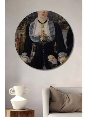 Teona Ahşap Bar Kızı Yağlı Boya Görünümlü Ahşap Dekoratif Tablo Yuvarlak Duvar Tablosu