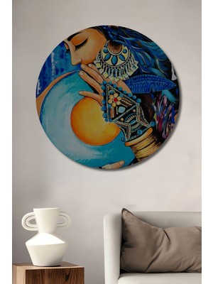 Teona Ahşap Büyüleyici Kadın Portresi Yağlı Boya Görünümlü Ahşap Dekoratif Tablo Yuvarlak Duvar Tablosu