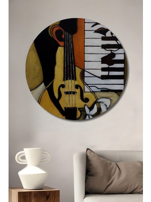 Teona Ahşap Cazın Melodisi Piyano Keman Vazo Ahşap Dekoratif Tablo Yuvarlak Duvar Tablosu