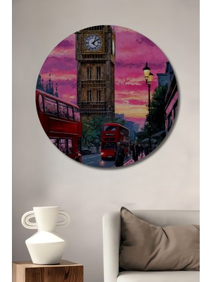 Teona Ahşap Londra Big Ben Yağlı Boya Görünümlü Ahşap Dekoratif Tablo Yuvarlak Duvar Tablosu