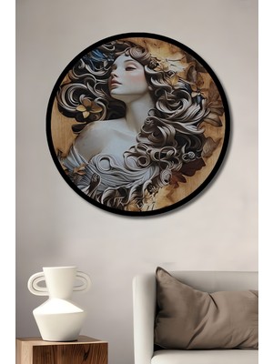 Teona Ahşap Sonbahar Perisi Yağlı Boya Görünümlü Ahşap Dekoratif Tablo Yuvarlak Duvar Tablosu