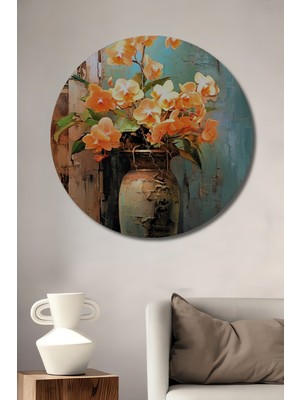 Teona Ahşap Turuncu Orkide Buketi Yağlı Boya Görünümlü Ahşap Dekoratif Tablo Yuvarlak Duvar Tablosu