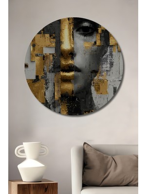 Teona Ahşap Altın Vurgulu Soyut Kadın Portresi Yağlı Boya Görünümlü Ahşap Dekoratif Tablo Yuvarlak Duvar Tablosu