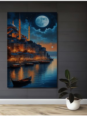 Teona Ahşap Istanbul Boğazı Ay Işığı Manzarası Yağlı Boya Görünümlü Ahşap Dekoratif Ev,antre,salon,ofis Tablo