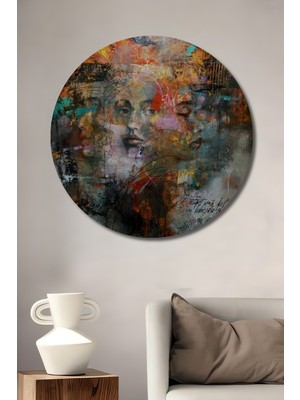 Teona Ahşap Kadın Yüzü Soyut Yağlı Boya Görünümlü Ahşap Dekoratif Tablo Yuvarlak Duvar Tablosu