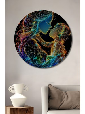 Teona Ahşap Işıltılı Anne Çocuk Sevgisi Yağlı Boya Görünümlü Ahşap Dekoratif Tablo Yuvarlak Duvar Tablosu