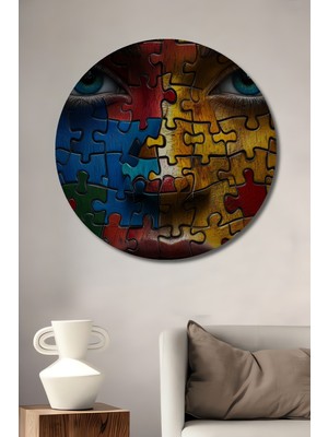 Teona Ahşap Renkli Yapboz Yüzlü Kadın Yağlı Boya Görünümlü Ahşap Dekoratif Tablo Yuvarlak Duvar Tablosu