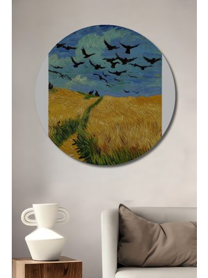 Teona Ahşap Vincent Van Gogh Buğday Tarlası Kargalarla Yağlı Boya Görünümlü Ahşap Dekoratif Tablo Yuvarlak Duvar Tablosu
