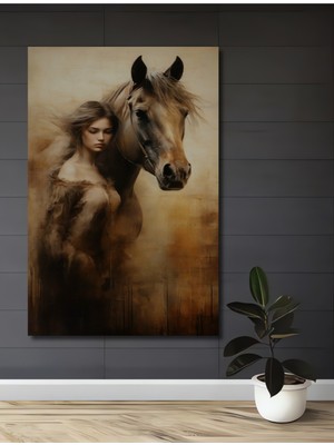 Teona Ahşap Kadın ve Atın Büyülü Dansı Yağlı Boya Görünümlü Modern Sanat Ahşap Ev,antre,salon,ofis,mutfak Tablo