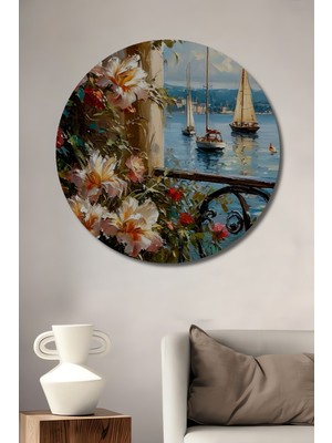 Teona Ahşap Akdeniz Esintili Yelkenli ve Çiçek Manzaralı Yağlı Boya Görünümlü Dekoratif Ahşap Tablo Yuvarlak Duvar Tablosu