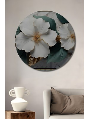 Teona Ahşap Beyaz Çiçekli Modern Sanat Ahşap Dekoratif Tablo Yuvarlak Duvar Tablosu