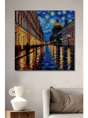 Teona Ahşap Van Gogh Yıldızlı Gece San Petersburg Sokak Manzarası Yağlı Boya Görünümlü Ahşap Dekoratif Tablo