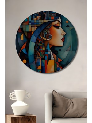 Teona Ahşap Kadın Portresi Soyut Sanat Yağlı Boya Görünümlü Ahşap Dekoratif Tablo Yuvarlak Duvar Tablosu