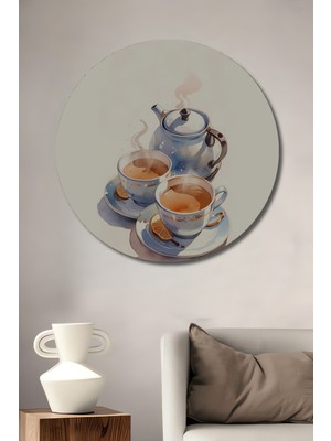 Teona Ahşap Sulu Boya Görünümlü Çay Keyfi Ahşap Tablo Yuvarlak Duvar Tablosu