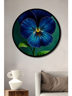 Teona Ahşap Büyüleyici Mavi Kadife Çiçek Yağlı Boya Görünümlü Ahşap Dekoratif Tablo Yuvarlak Duvar Tablosu