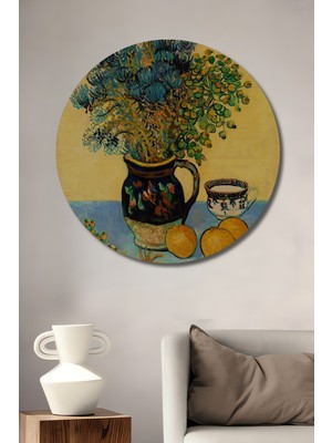 Teona Ahşap Van Gogh Mavi Çiçekler Yağlı Boya Görünümlü Ahşap Dekoratif Tablo Yuvarlak Duvar Tablosu