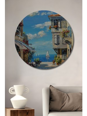 Teona Ahşap Sahil Kasabası Manzarası Yağlı Boya Görünümlü Ahşap Dekoratif Tablo Yuvarlak Duvar Tablosu
