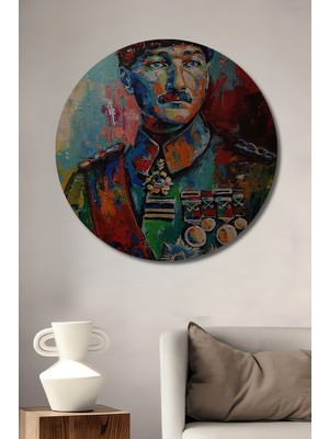 Teona Ahşap Mustafa Kemal Atatürk Yağlı Boya Görünümlü Ahşap Dekoratif Tablo Yuvarlak Duvar Tablosu
