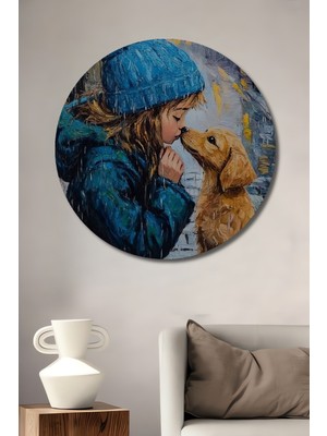 Teona Ahşap Yağlı Boya Görünümlü Kız ve Köpek Sevgisi Ahşap Dekoratif Tablo Yuvarlak Duvar Tablosu