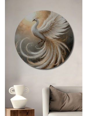 Teona Ahşap Büyülü Beyaz Anka Kuşu Sulu Boya Görünümlü Ahşap Dekoratif Tablo Yuvarlak Duvar Tablosu