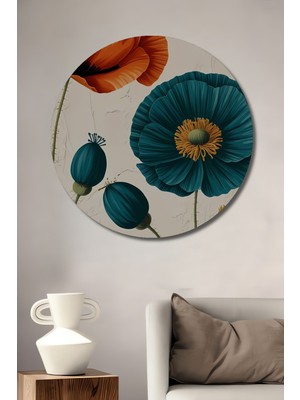 Teona Ahşap Ahşap Üzeri Yağlı Boya Görünümlü Lüks Gelincik Çiçeği Tablosu Yuvarlak Duvar Tablosu
