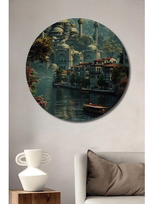 Teona Ahşap Istanbul Boğazı Manzarası Yağlı Boya Görünümlü Dekoratif Ahşap Tablo Yuvarlak Duvar Tablosu