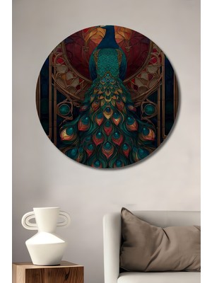 Teona Ahşap Görkemli Tavus Kuşu Sanat Tablosu Sulu Boya Görünümlü Ahşap Dekoratif Tablo Yuvarlak Duvar Tablosu