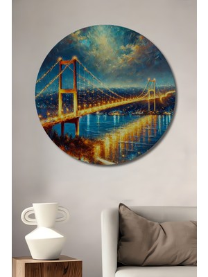 Teona Ahşap Boğaz Köprüsü Işık Şöleni Yağlı Boya Görünümlü Ahşap Tablo Yuvarlak Duvar Tablosu