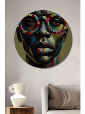 Teona Ahşap Renkli Gözlüklerin Soyut Portresi Yağlı Boya Görünümlü Ahşap Dekoratif Tablo Yuvarlak Duvar Tablosu