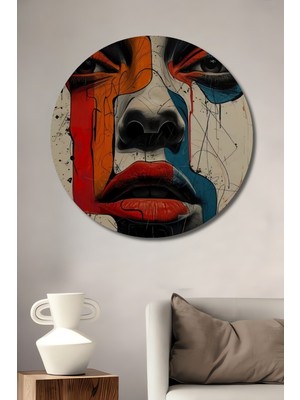 Teona Ahşap Kırmızı Dudaklı Soyut Kadın Portresi Yağlı Boya Görünümlü Ahşap Dekoratif Tablo Yuvarlak Duvar Tablosu