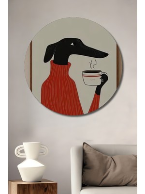 Teona Ahşap Kırmızı Kazaklı Köpek Kahve Keyfi Ahşap Dekoratif Tablo Yuvarlak Duvar Tablosu