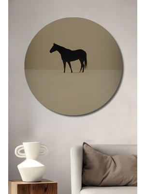 Teona Ahşap Siyah At Silueti Yağlı Boya Görünümlü Ahşap Dekoratif Tablo Yuvarlak Duvar Tablosu