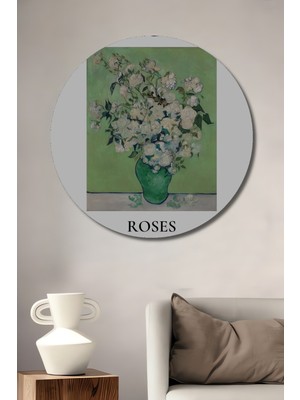 Teona Ahşap Van Gogh Beyaz Güller Yağlı Boya Görünümlü Dekoratif Ahşap Tablo Yuvarlak Duvar Tablosu