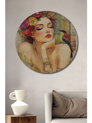Teona Ahşap Kadın ve Kuş Sulu Boya Görünümlü Bohem Sanat Ahşap Dekoratif Tablo Yuvarlak Duvar Tablosu