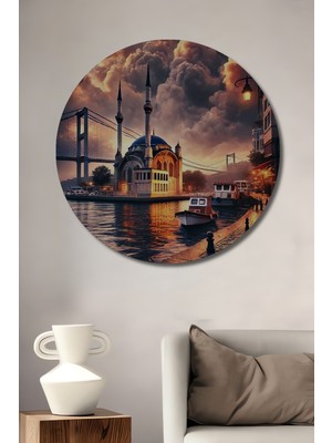 Teona Ahşap Istanbul Boğazı Manzaralı Camii ve Köprü Yağlı Boya Görünümlü Ahşap Dekoratif Tablo Yuvarlak Duvar Tablosu