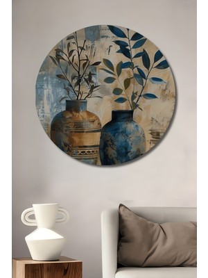 Teona Ahşap Modern Sanat Yağlı Boya Görünümlü Vazo ve Bitki Ahşap Dekoratif Tablo Yuvarlak Duvar Tablosu
