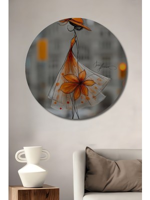 Teona Ahşap Şık Çiçek Elbiseli Kadın Sulu Boya Görünümlü Ahşap Dekoratif Tablo Yuvarlak Duvar Tablosu