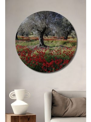 Teona Ahşap Zeytin Ağacı ve Gelincik Tarlası Yağlı Boya Görünümlü Ahşap Dekoratif Tablo Yuvarlak Duvar Tablosu