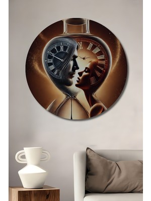 Teona Ahşap Zamanda Aşk ve Kum Saati Görünümlü Tablo Yuvarlak Duvar Tablosu