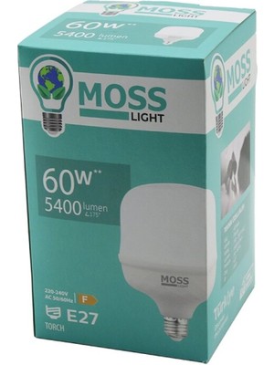 Ayder Timya MOSS LIGHT 60W  TORCH LED AMPUL PLASTİK E27 5400LUMEN L175 DERECE 50.000 SAAT ÖMÜR IP20 185-265V AC (Timya/Go1395)  205184