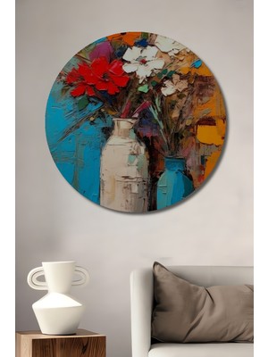 Teona Ahşap Canlı Renkler Vazoda Çiçekler Yağlı Boya Görünümlü Dekoratif Ahşap Tablo Yuvarlak Duvar Tablosu