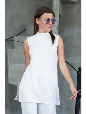 Penye Bizden Viskon Kolsuz Tunik -Beyaz